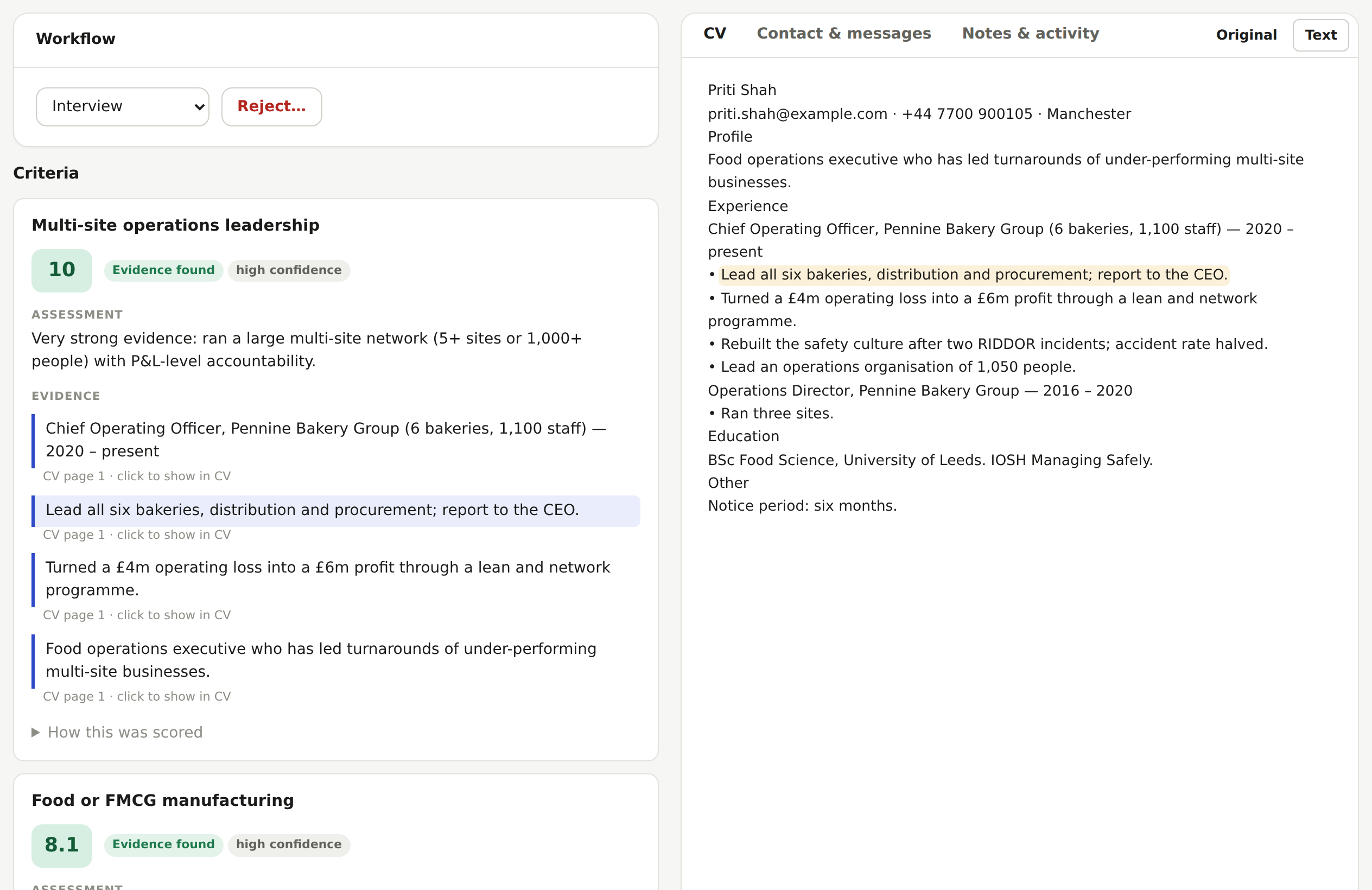 A candidate's scores beside their CV, with the evidence highlighted