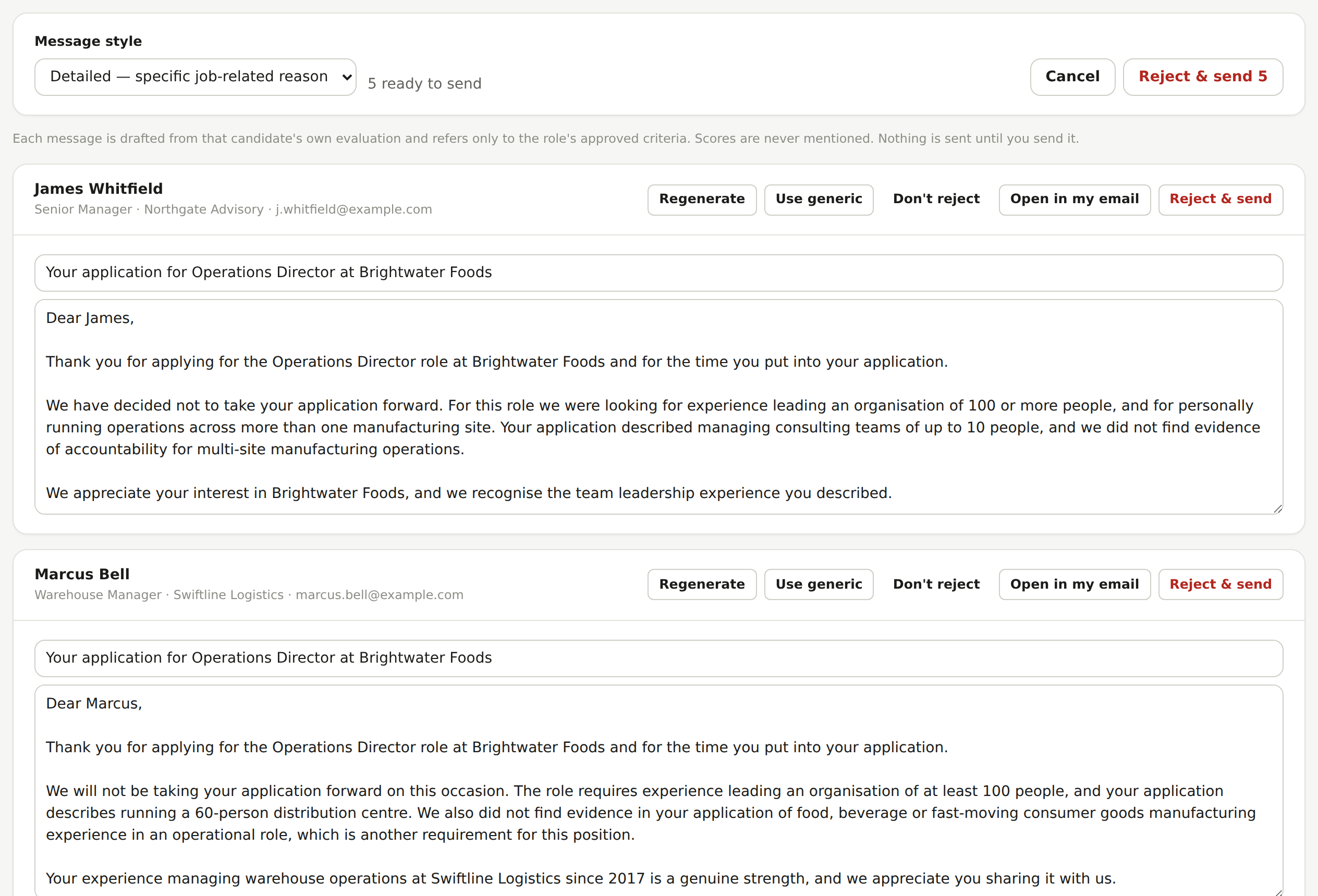 Individually drafted rejection emails ready to review